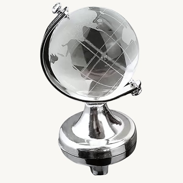 Enfeite de Mesa Decorativo Globo Terrestre Em Vidro Maciço e Metal Prateado 6x8,5cm DT1335T