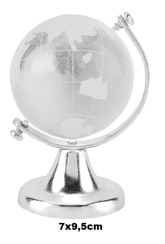 Enfeite de Mesa Decorativo Globo Terrestre Em Vidro Maciço e Metal Prateado 7x9,5cm DT1336T