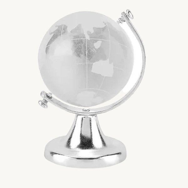 Enfeite de Mesa Decorativo Globo Terrestre em Vidro Maciço e Metal Prateado 7x9,5cm DT1336T
