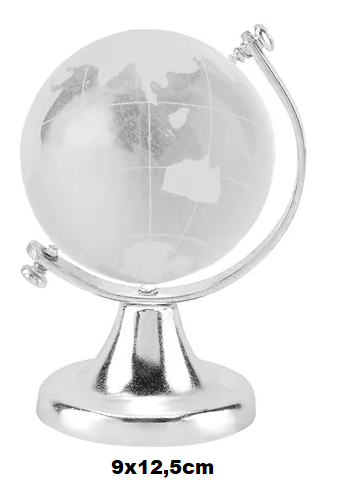 Enfeite de Mesa Decorativo Globo Terrestre Em Vidro Maciço e Metal Prateado 9x12,5cm DT1337T
