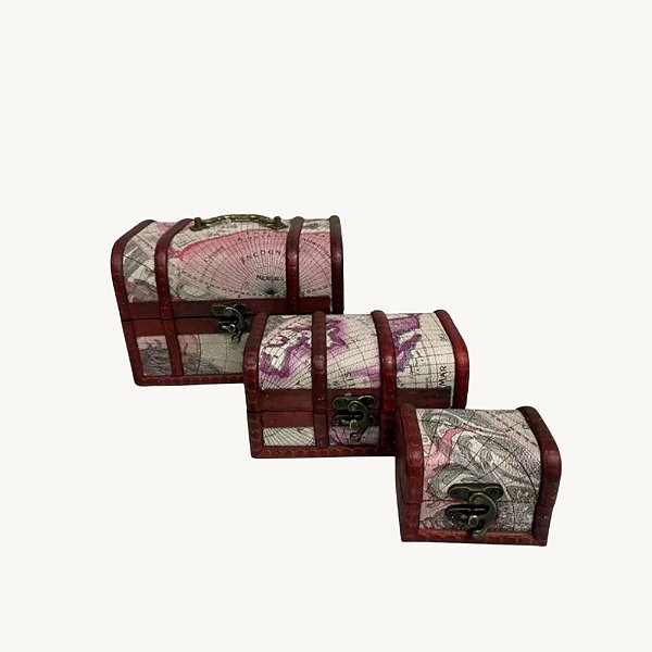Caixa de Jóias Vintage de Madeira Estilo Retrô para Bijuteria, Acessórios, Organizador de Tesouro - Kit com 3 Baús HM6774