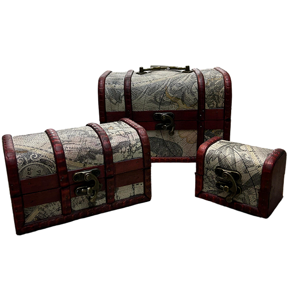 Caixa de Jóias Vintage de Madeira Estilo Retrô para Bijuteria, Acessórios, Organizador de Tesouro - Kit com 3 Baús HM6776