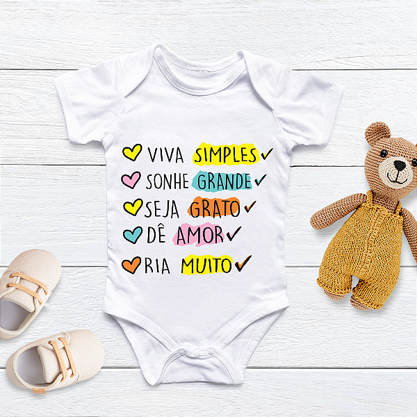 Body Personalizado Bebê Viva Simples, Sonhe Grande, Seja Grato, Dê Amor, Ria Muito