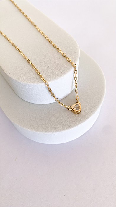 Colar Anne - corrente mini elos com pingente coração cristal Banho Ouro 18k