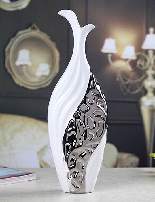 Vaso Decorativo de Cerâmica Chrome – Branco e Prata