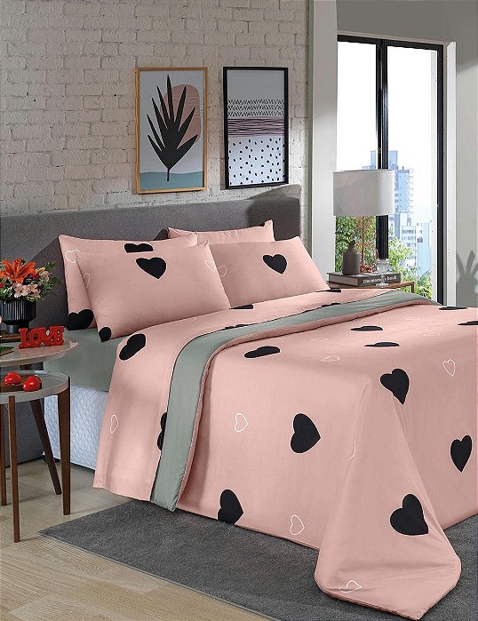 Jogo de Cama Coração Rosa Casal 4 Peças