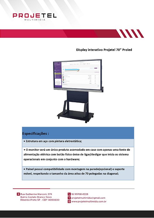 Lousa Retrátil interativa 70" Proled