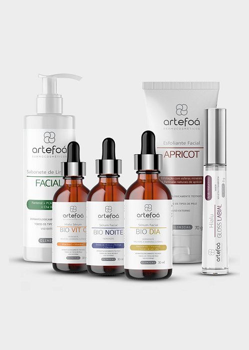 Kit Skincare Rotina - Sabonete Facial + 3 Séruns + Esfoliante + Hialu Gloss Violeta & Framboesa