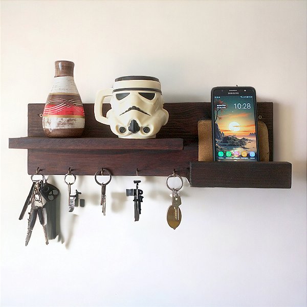 Porta Chaves Rústico ZR28 funcional com 2 prateleiras
