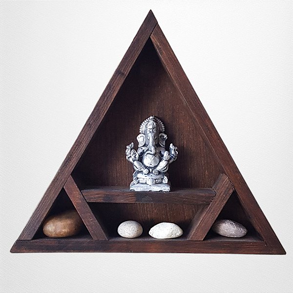 Nicho e Altar Triangular, porta-cristais, pedras, estátuas, óleo essencial ZR6