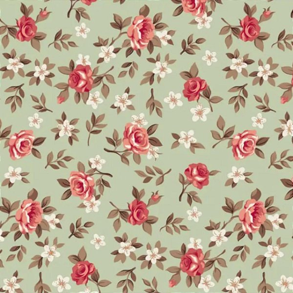 Tecido Tricoline Floral Lucia Cor Verde