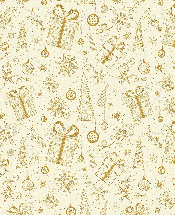 Tecido Tricoline Natal Fundo Bege e Dourado Presentes Noel