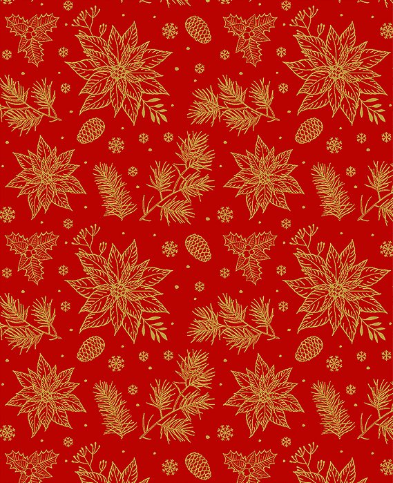 Tecido Tricoline Natal Flores Fundo Vermelho Com Dourado