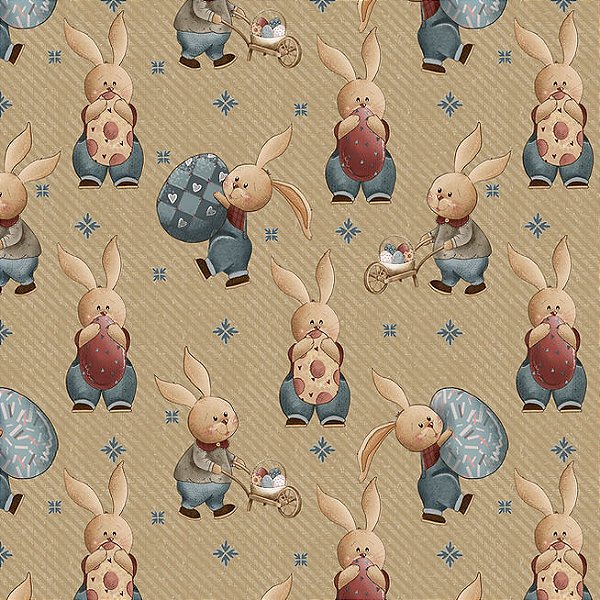 Tecido Tricoline Digital Pascoa 2023 Coelhinhos Fundo Caramelo