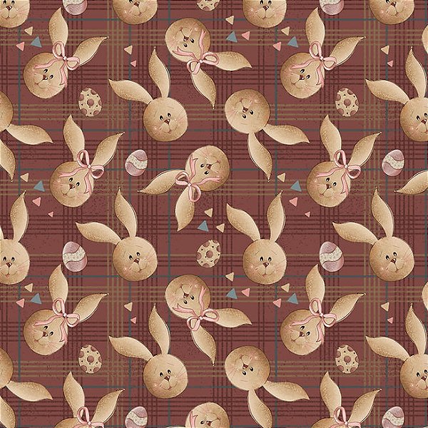 Tecido Tricoline Digital Páscoa 2023 Rosto Coelhinhos Fundo Xadrez