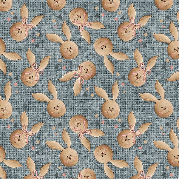 Tecido Tricoline Digital Páscoa 2023 Rosto Coelhinho Fundo Jeans