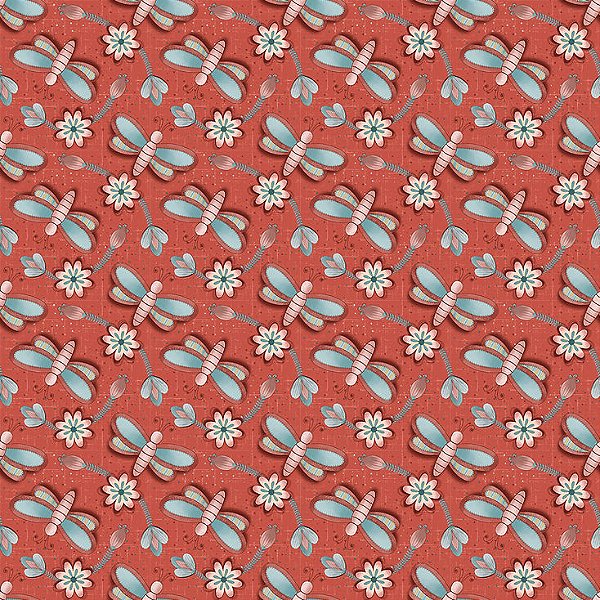 Tecido Tricoline Digital Libelulas Vermelho