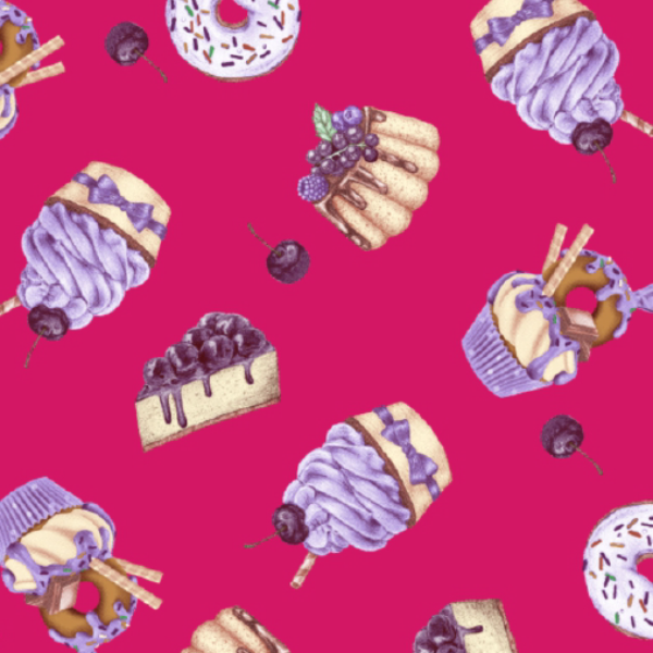 Tecido Tricoline Mista Doces de Confeitaria Fundo Pink