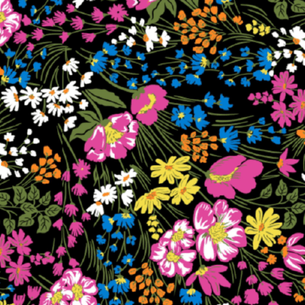 Tecido Tricoline Mista Flores Diversas Fundo Preto 1Metro X 1,50Largura
