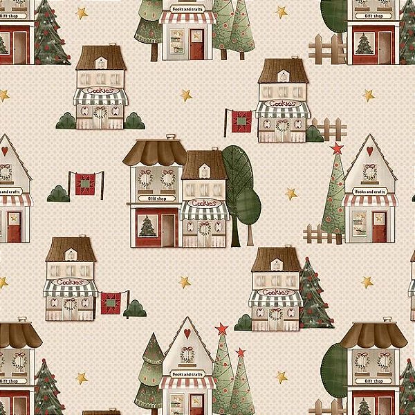 Tricoline Digital Fuxicos e Fricotes Vila De Natal Fundo Bege