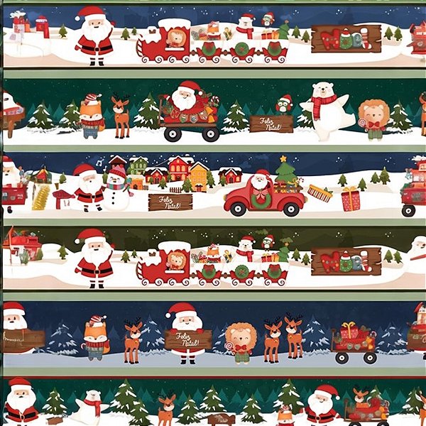 Tricoline Barrado Digital Natal Noel e Carrinhos 55cm X 1.50 Largura