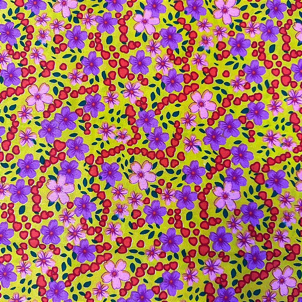 Tecido Chita Estampada Floral Amarelo e Vermelho 1 Metro