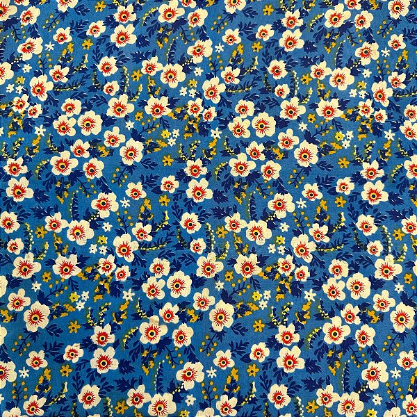 Tecido Chita Estampada Floral Azul Jeans 1 Metro