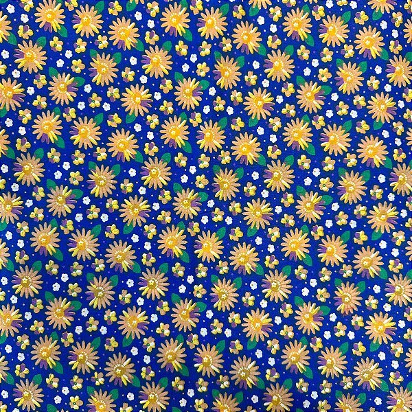 Tecido Chita Estampada Floral Azul e Amarelo 1 Metro