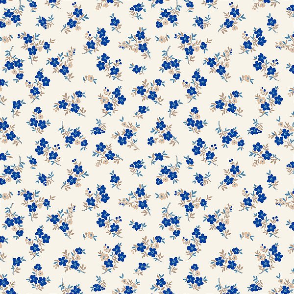 Tecido Tricoline Estampa Floral Azul com Fundo Bege 50cm X 1.50Largura