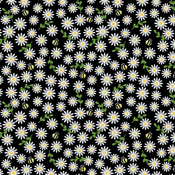 Tecido Tricoline Girassol e Abelhinha Fundo Preto 50cm X 1.50Largura