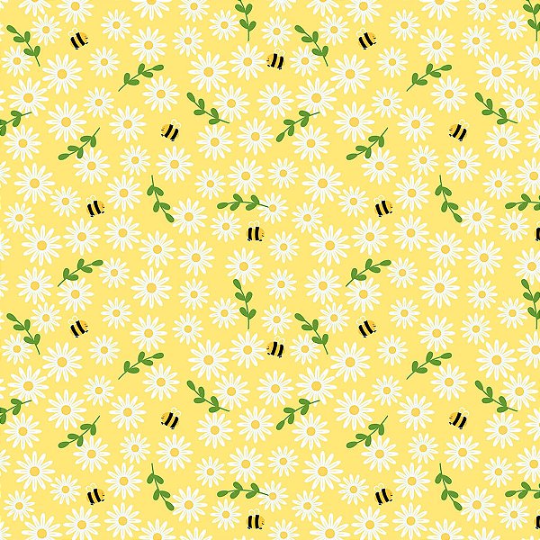 Tricoline Floral Mini Girassol e Abelhinha Amarelo 50cm x 1.50