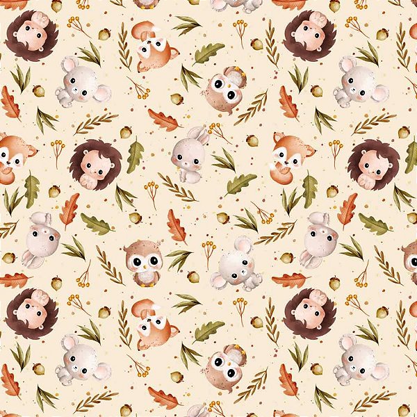Tecido Tricoline Estampado Animais Cute Floresta 50cm X 1.50L