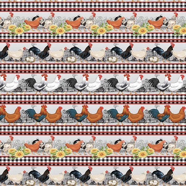 Tecido Tricoline Barrado Galinhas 55cm x 1.50 Largura