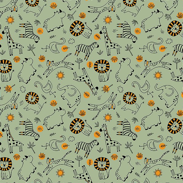 Tricoline Estampado Safari Fundo Verde 50cm X 1.50 Largura