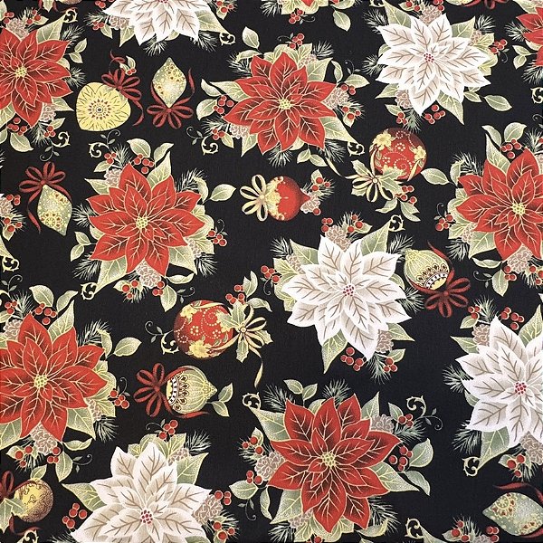 Tecido Tricoline Misto Natal Flores Natalinas 50cm X 1.50 Largura