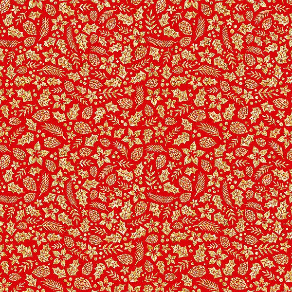 Tecido Tricoline Natal Folhas Douradas Vermelho 50cm X 1,50Largura