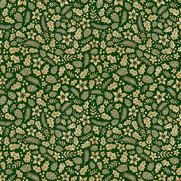 Tecido Tricoline Natal Folhas Douradas Verde 50cm X 1,50Largura