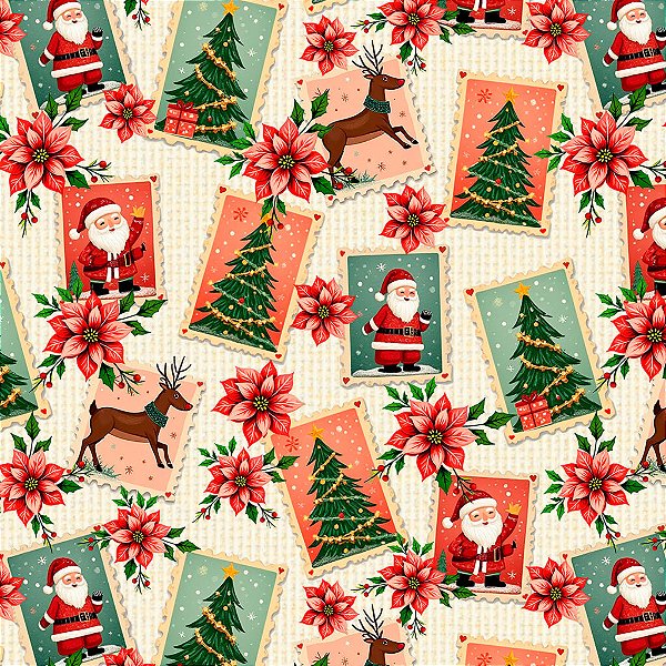Tecido Tricoline Natal Selos Papai Noel 50cm X 1,50Largura