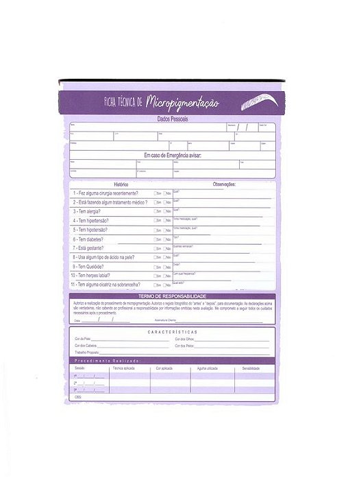 Ficha de Anamnese Micropigmentação de sobrancelhas