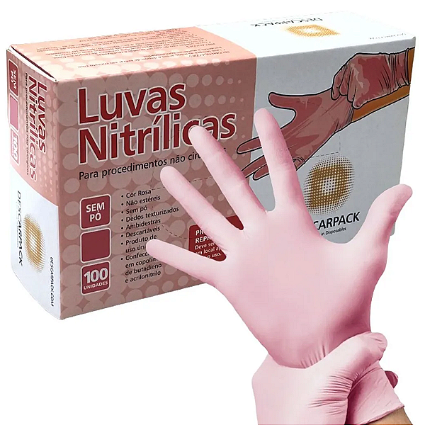 Luva Nitrílica Rosa Sem Pó Descarpack - 100 Un
