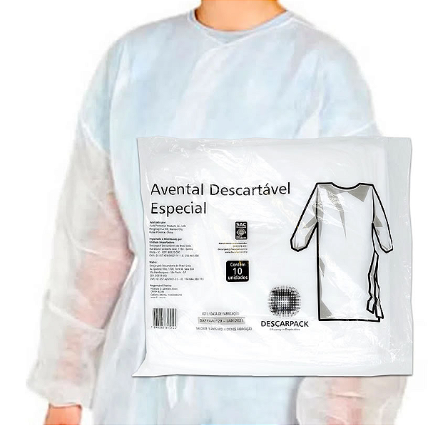 Avental Descartável Manga Longa Branco Especial c/ 10und Descarpack
