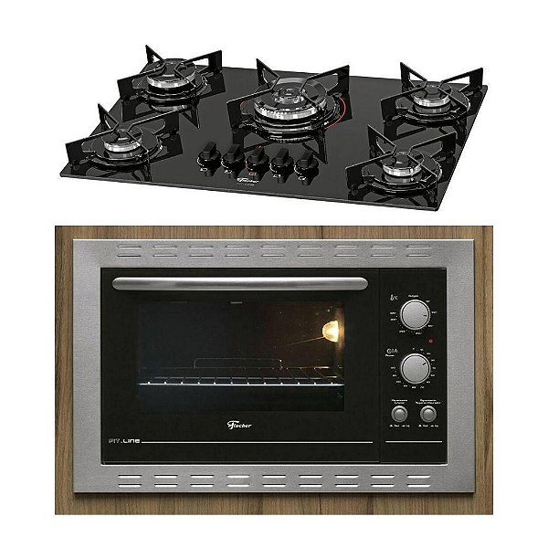 Kit Cooktop Fischer 5b Tripla Chama Fit Line 26300-57079   Forno Elétrico Embutir Fischer Fit Line 44l Frontal Inox 127v