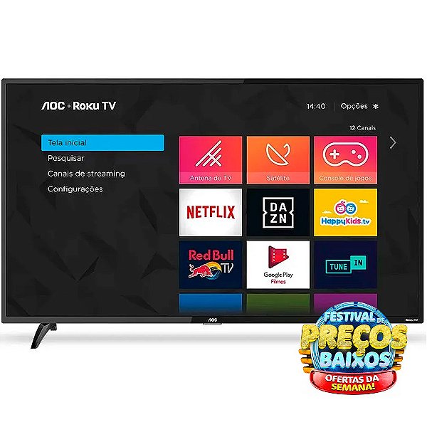 Smart TV LED 32” HD AOC Roku 32S5195/78 com Wi-fi, Controle Remoto com atalhos, Roku Mobile, Miracast, Entradas HDMI e USB