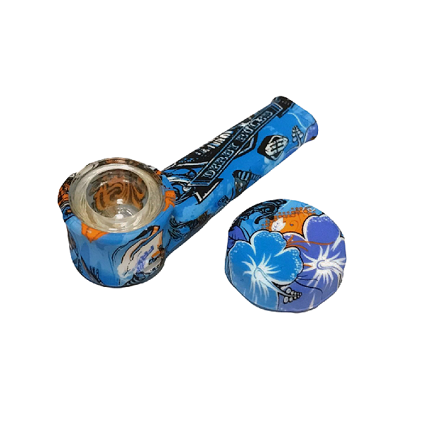 Pipe De Silicone Com Tampa E Bowl De Vidro Estampa Hidrográfica - Flor Azul
