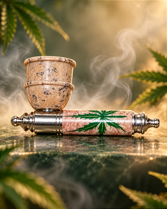 Cachimbo de Pedra com Detalhes Metálicos e Folha Verde – Desmontável