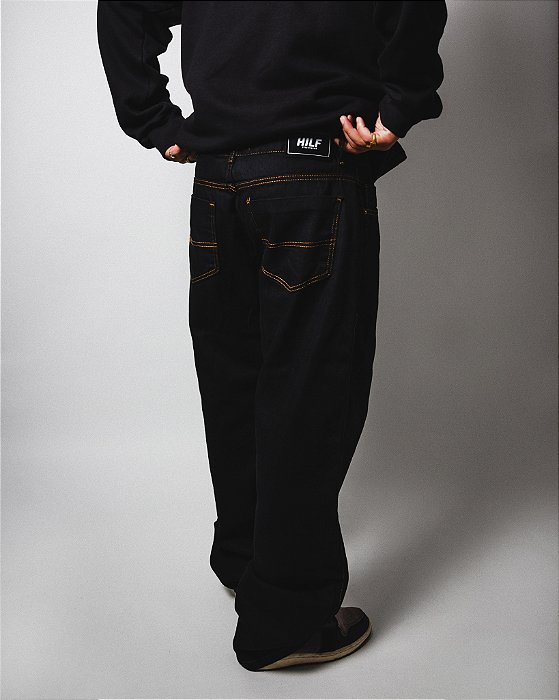 Calça Reta jeans grafite/ocre (cinto)