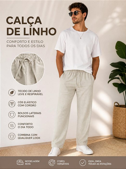 Calça reta linho (bege)