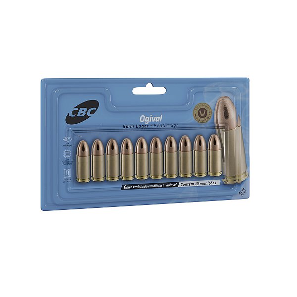 Munição CBC 9MM Luger ETOG 115GR Blister 10 Und.