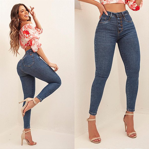 Calça jeans skinny azul cintura alta de botões encapados - HR Rihanna  Fashion