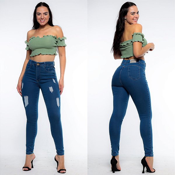 Calça jeans feminina skinny azul rasgada destroyed - HR Rihanna Fashion